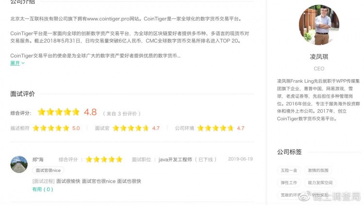 國內關聯公司CoinTiger實際上是北京融科望京中心的“北京太一”